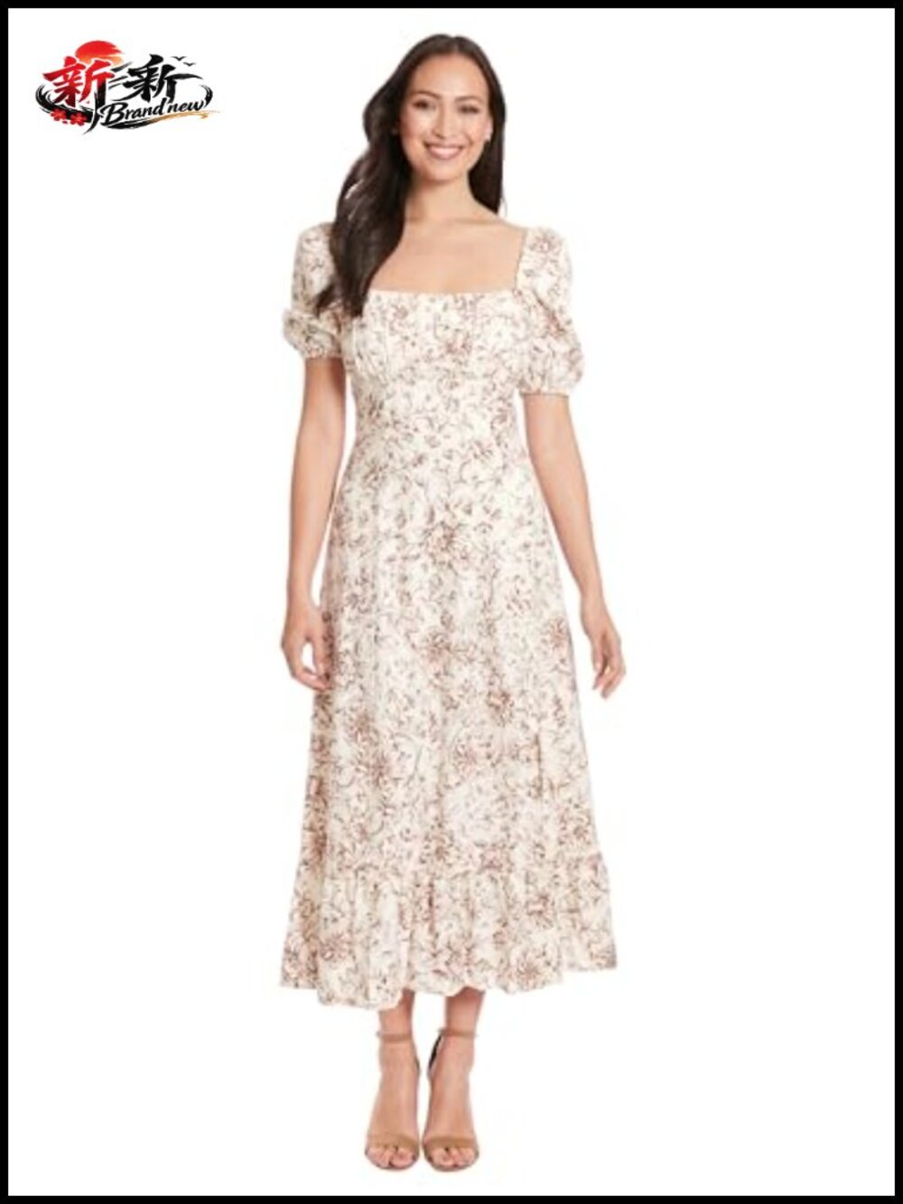 Linen Blend Midi Dress with Square Neck Short Puff Sleeves Smocked Empire Waist